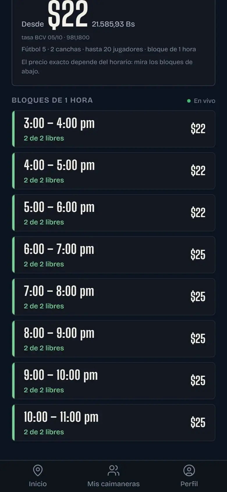 Bloques de una hora disponibles en un complejo de Bello Monte