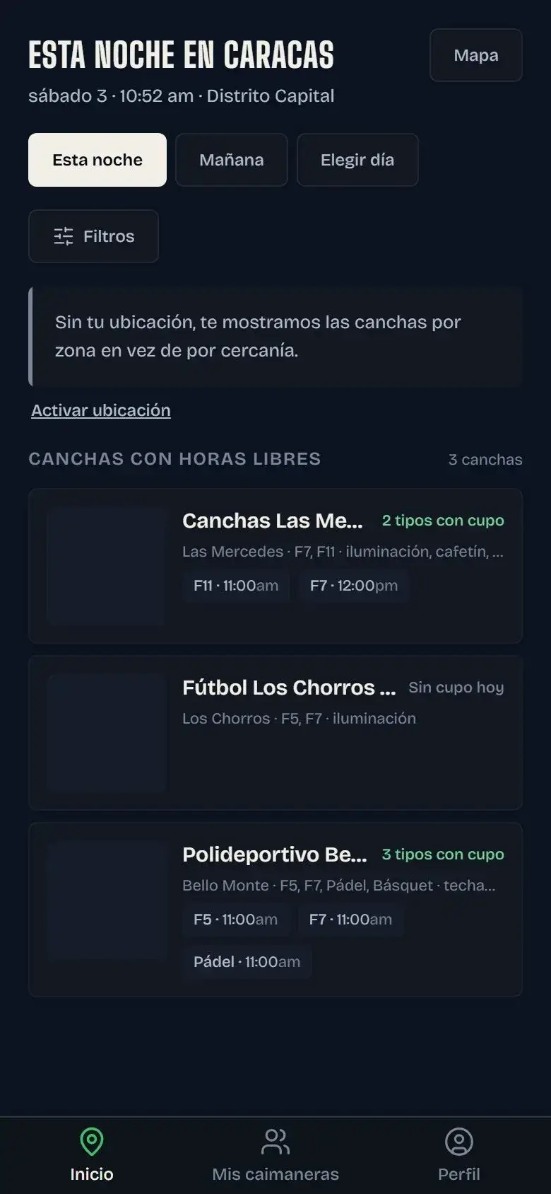 Inicio de la app: canchas con horas libres esta noche en Caracas