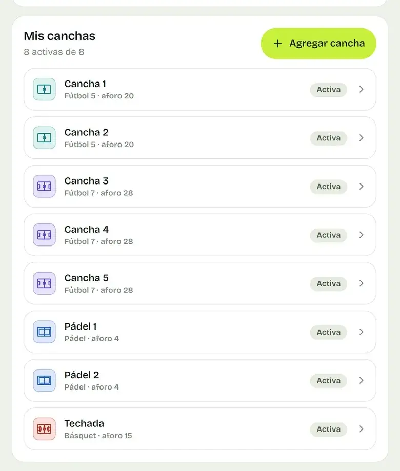 Mis canchas en el panel desde el teléfono: fútbol, pádel y básquet