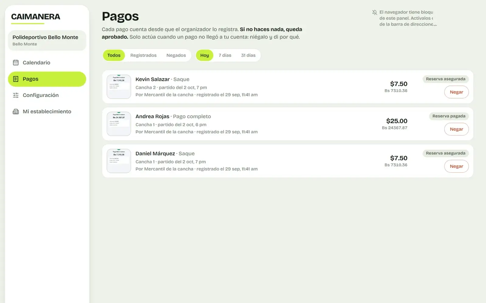 Bandeja de pagos del panel, cada pago con su captura