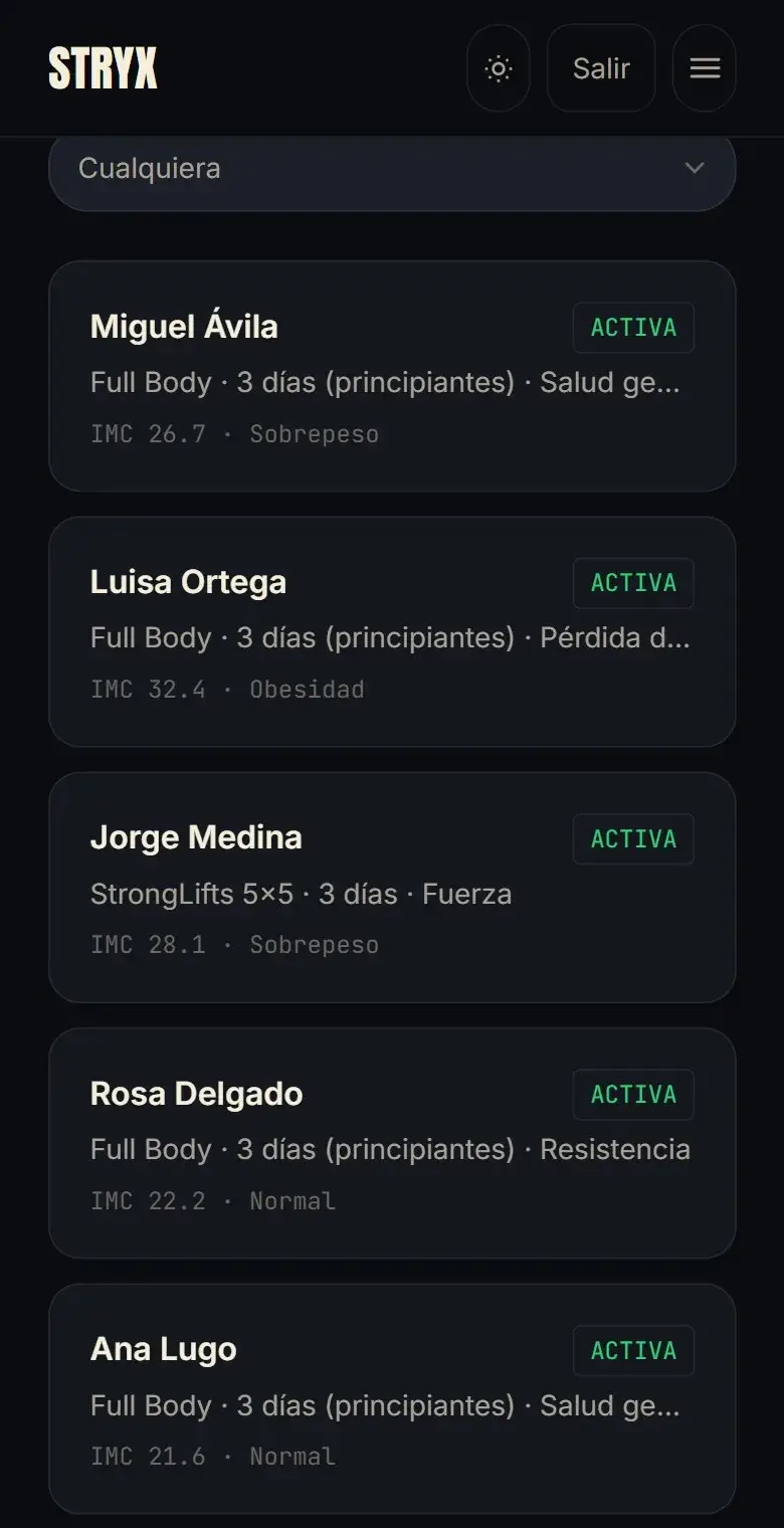 La cartera de clientes del entrenador en el teléfono