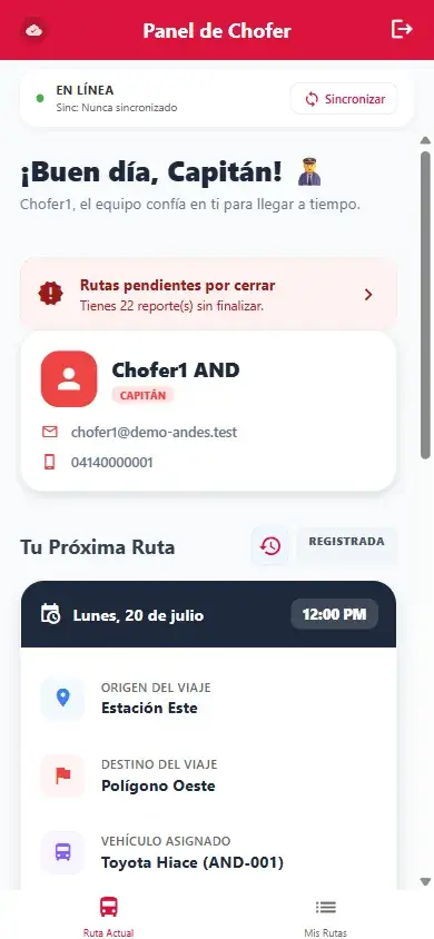 App del chofer: su próxima ruta del día