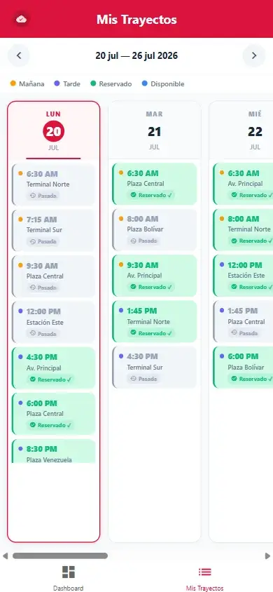 Calendario semanal de viajes reservados del empleado