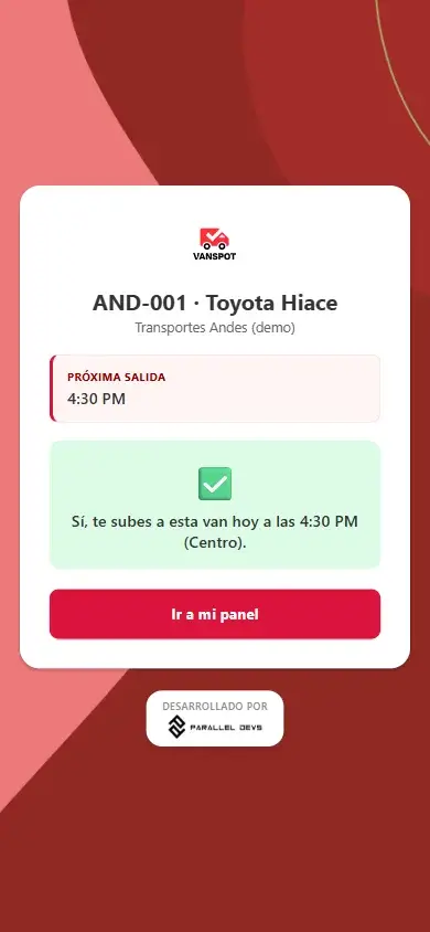 Abordaje con NFC: la app confirma que es la van correcta