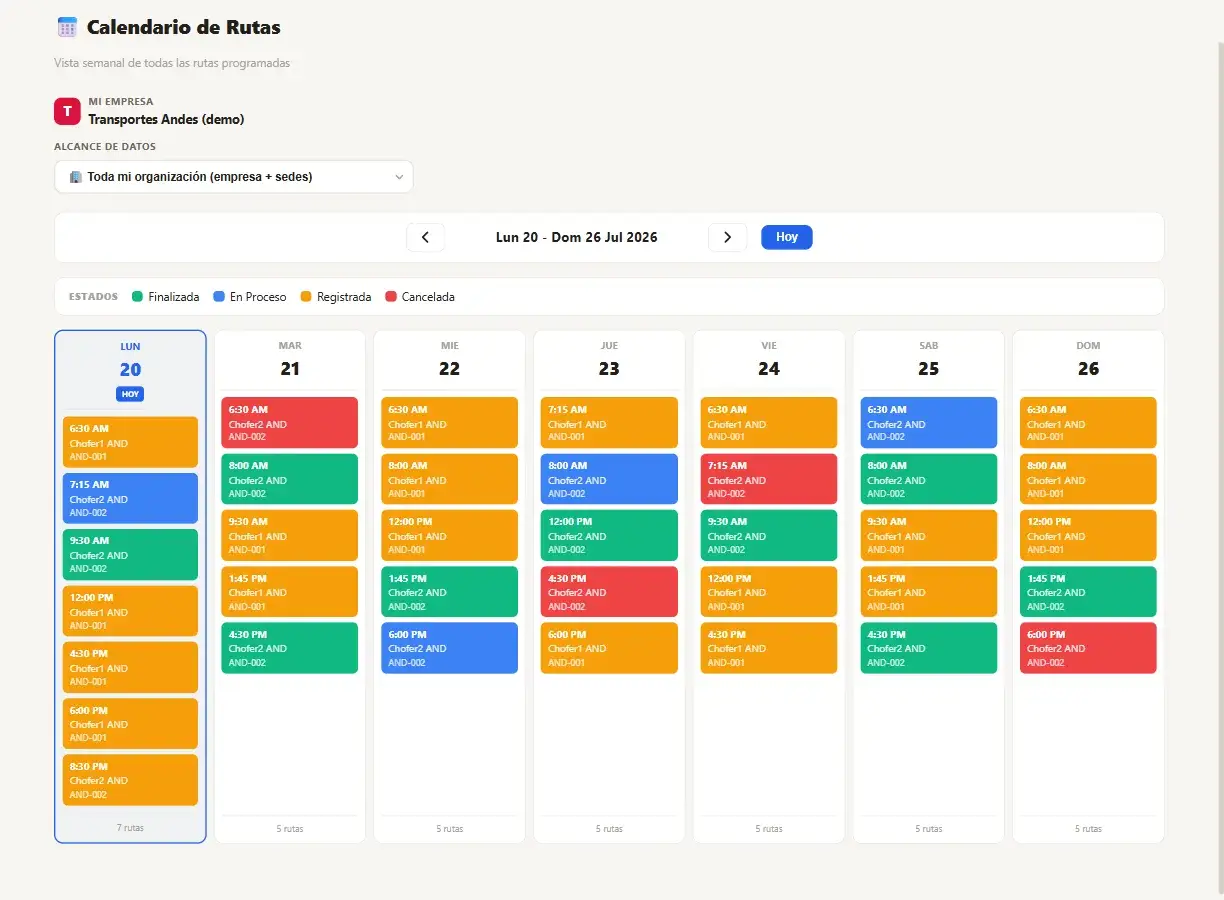 Calendario semanal de rutas, cada una con su color