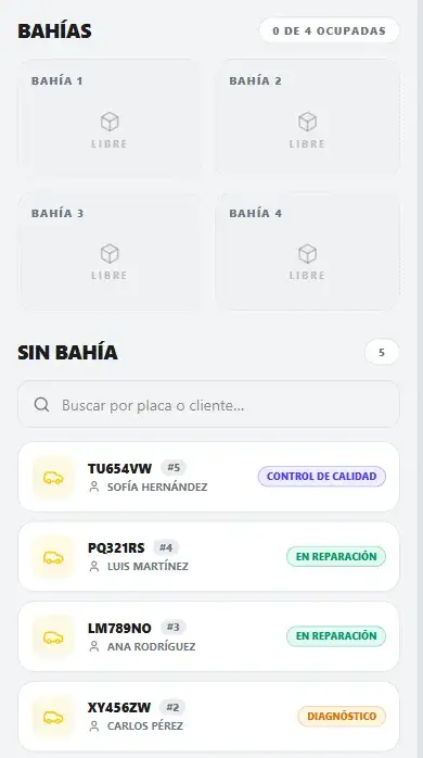 Bahías del taller y vehículos en espera con su placa y su estado