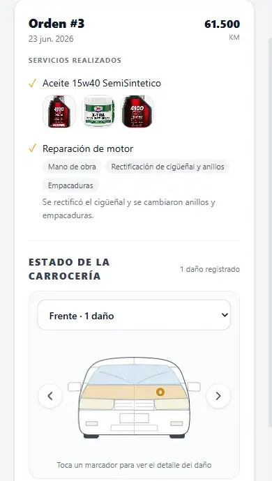 Ficha NFC del vehículo: visitas, servicios y daños registrados